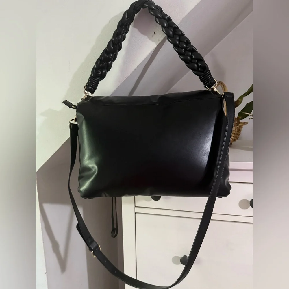 Roberta Rossi Black Leather Shoulder Bag with Braided Handle NWOT